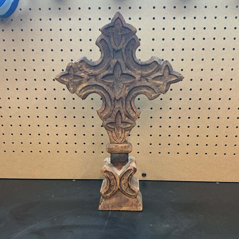 Vintage Hand Carved Wooden Standing Cross Ornate Gothic Floral Tabletop Decor
